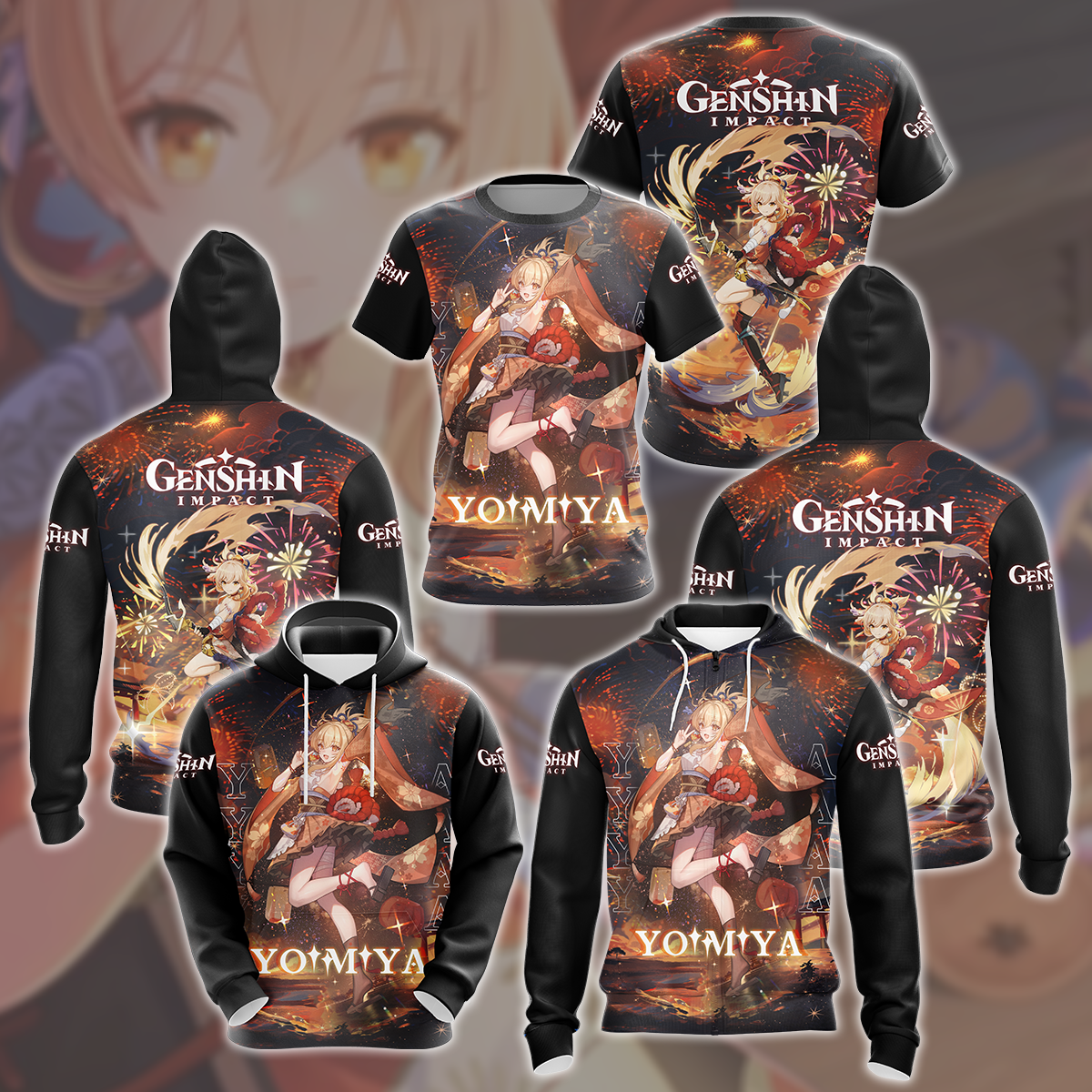Genshin Impact Yoimiya Video Game All Over Printed T-shirt Tank Top Zip Hoodie Pullover Hoodie Hawaiian Shirt Beach Shorts Joggers