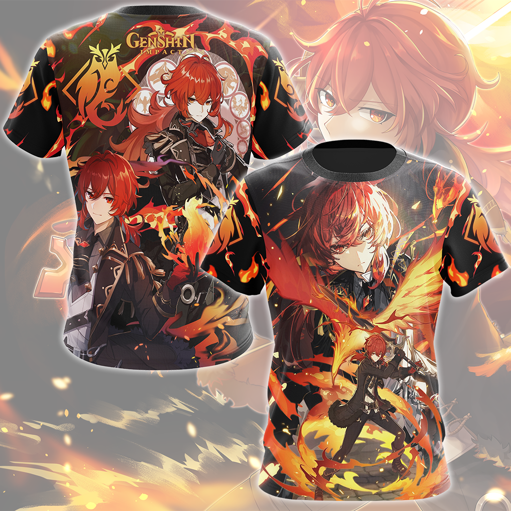 Genshin Impact Diluc Video Game All Over Printed T-shirt Tank Top Zip Hoodie Pullover Hoodie Hawaiian Shirt Beach Shorts Joggers T-shirt S