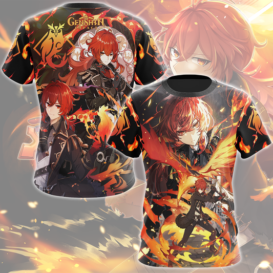 Genshin Impact Diluc Video Game All Over Printed T-shirt Tank Top Zip Hoodie Pullover Hoodie Hawaiian Shirt Beach Shorts Joggers T-shirt S