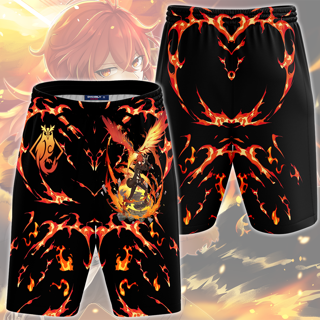 Genshin Impact Diluc Video Game All Over Printed T-shirt Tank Top Zip Hoodie Pullover Hoodie Hawaiian Shirt Beach Shorts Joggers Beach Shorts S