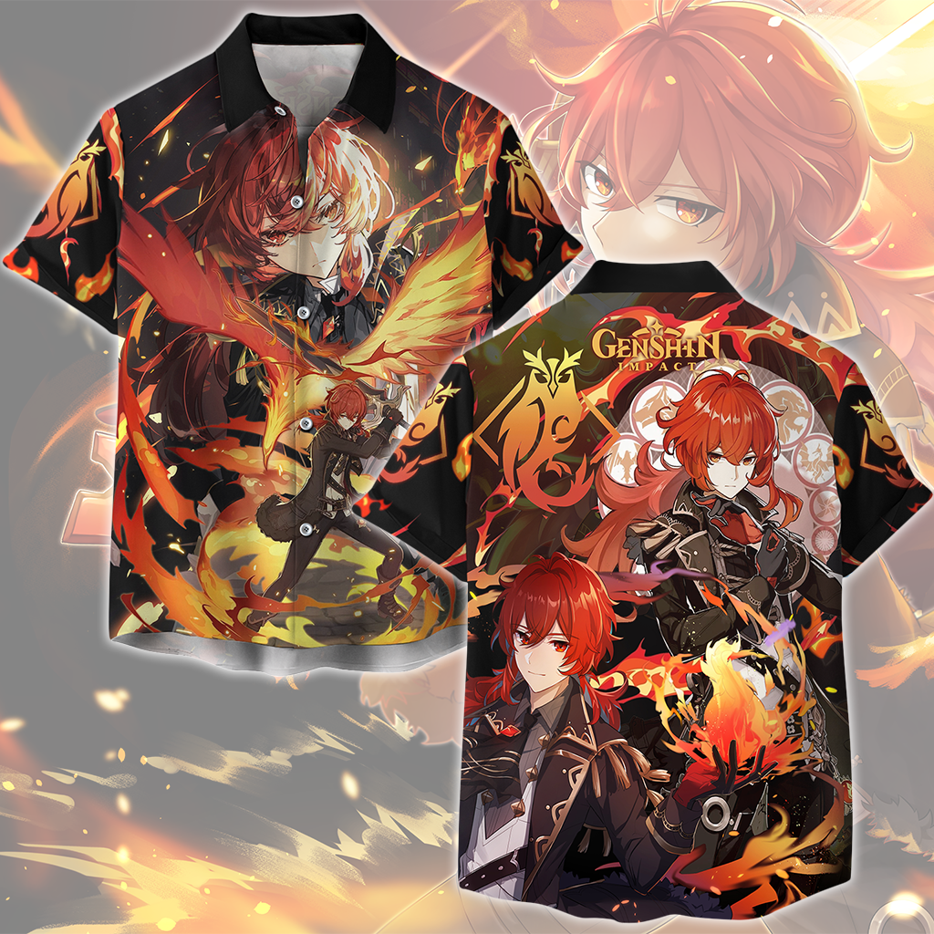 Genshin Impact Diluc Video Game All Over Printed T-shirt Tank Top Zip Hoodie Pullover Hoodie Hawaiian Shirt Beach Shorts Joggers Hawaiian Shirt S
