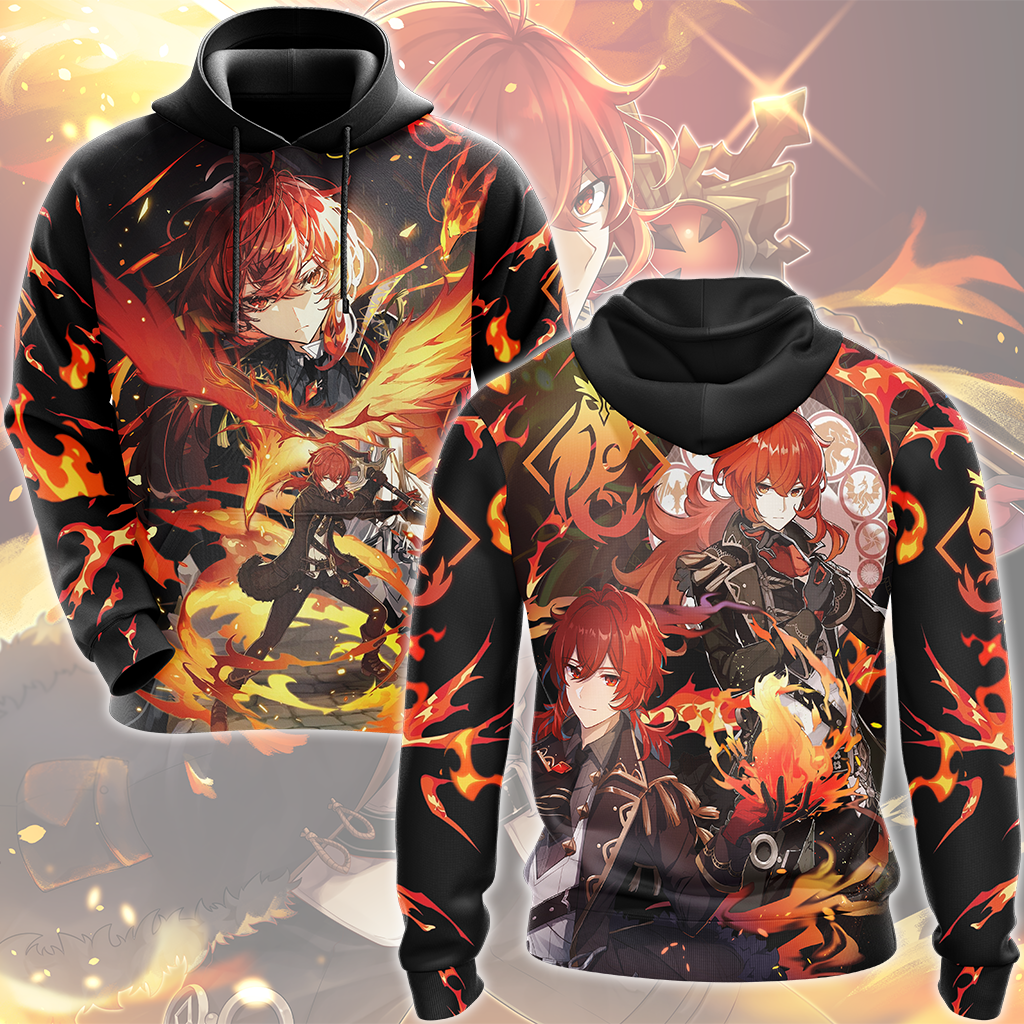 Genshin Impact Diluc Video Game All Over Printed T-shirt Tank Top Zip Hoodie Pullover Hoodie Hawaiian Shirt Beach Shorts Joggers Hoodie S