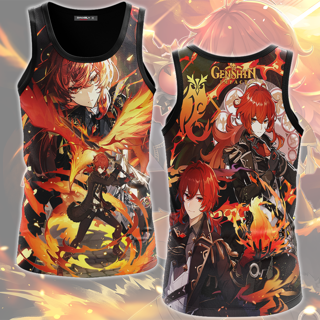 Genshin Impact Diluc Video Game All Over Printed T-shirt Tank Top Zip Hoodie Pullover Hoodie Hawaiian Shirt Beach Shorts Joggers Tank Top S