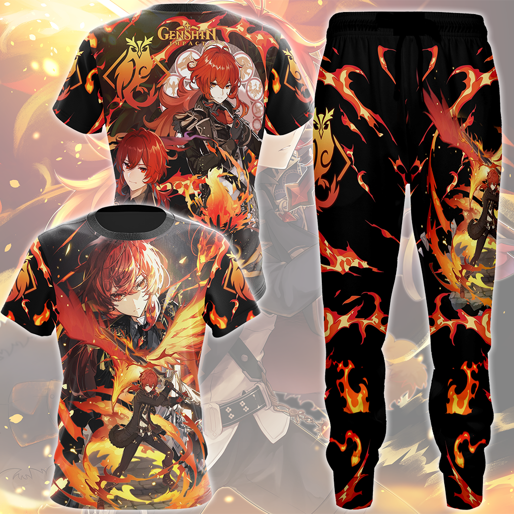 Genshin Impact Diluc Video Game All Over Printed T-shirt Tank Top Zip Hoodie Pullover Hoodie Hawaiian Shirt Beach Shorts Joggers