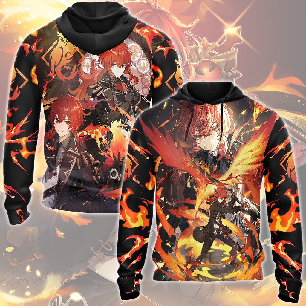 Genshin Impact Diluc Video Game All Over Printed T-shirt Tank Top Zip Hoodie Pullover Hoodie Hawaiian Shirt Beach Shorts Joggers Zip Hoodie S