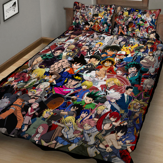 Anime Characters Compilation (Dragon Ball, Naruto, One Piece, Bleach, Yu Gi Oh!, My hero academia, Pokemon, The metal Alchemist, ect.) 3D Quilt Bed Set Quilt Set Twin (150x180CM)