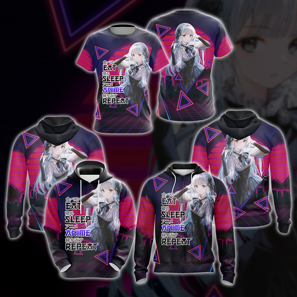 Eat Sleep Anime Repeat Anime Girl All Over Print T-shirt Tank Top Zip Hoodie Pullover Hoodie