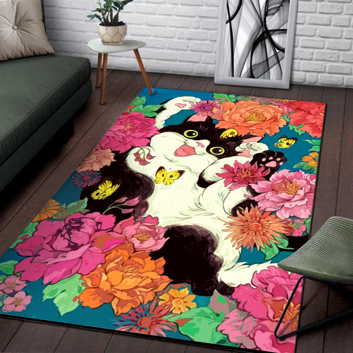 Black Cat And Flowers Square Rug Standard (150x90ccm)