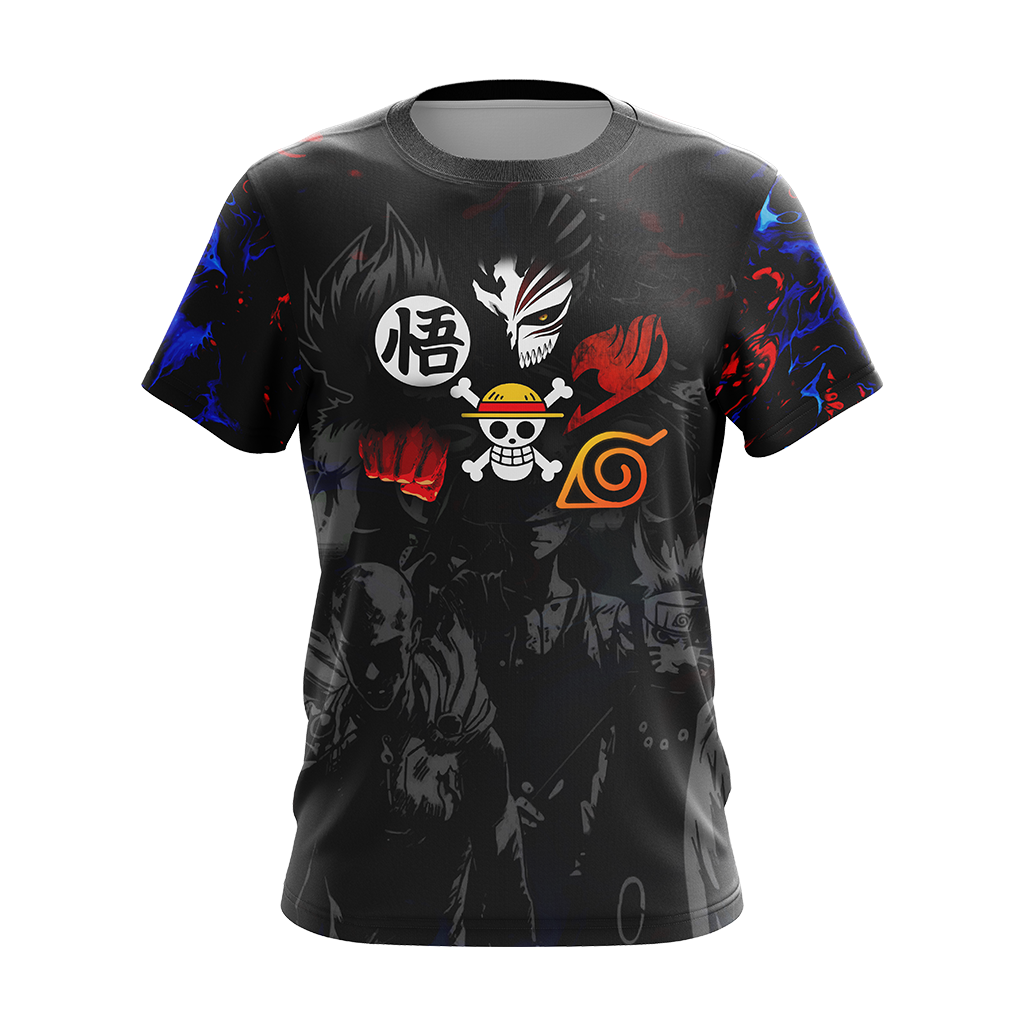 Heroes Mashup Saitama - Luffy - Goku - Naruto - Natsu Unisex 3D T-shirt