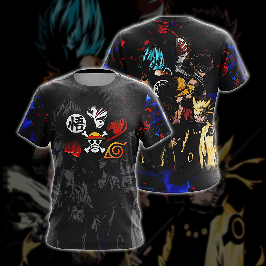 Heroes Mashup Saitama - Luffy - Goku - Naruto - Natsu Unisex 3D T-shirt