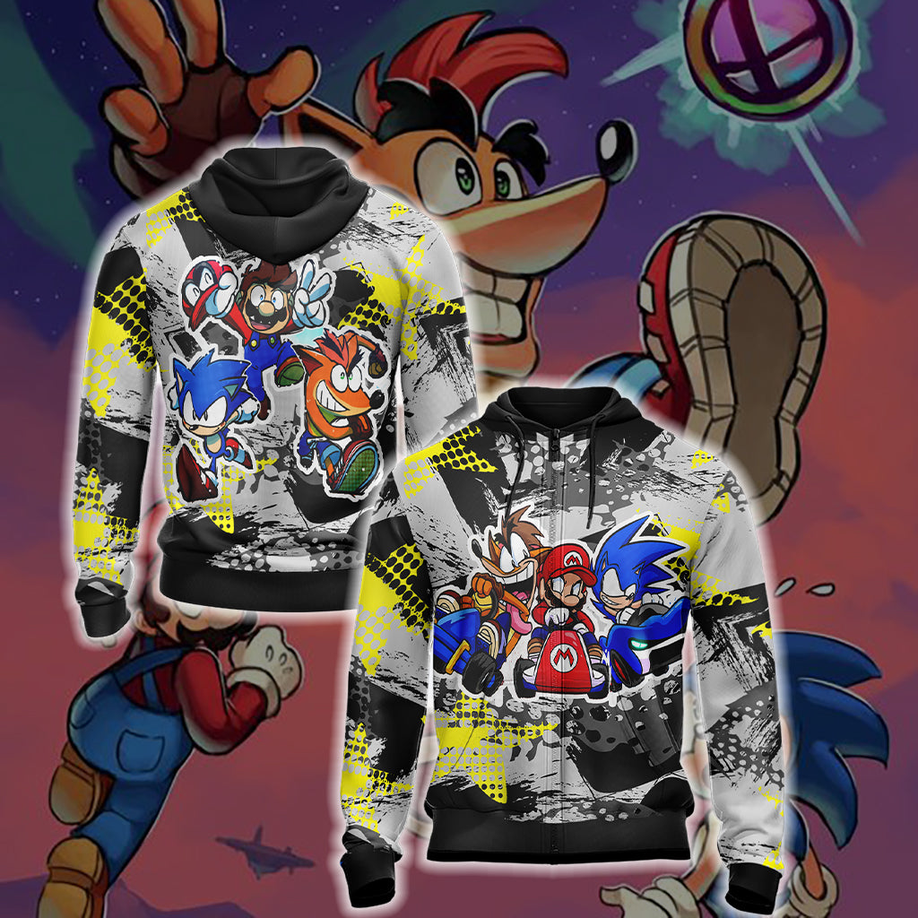 Crash Bandicoot x Mario x Sonic The Hedgehog Unisex 3D T-shirt Zip Hoodie S