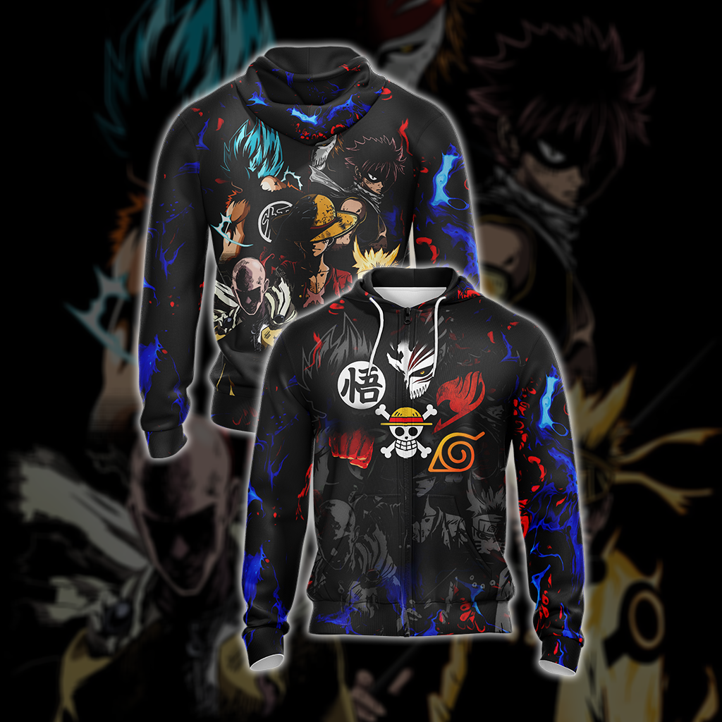 Heroes Mashup Saitama - Luffy - Goku - Naruto - Natsu Unisex 3D T-shirt Zip Hoodie XS