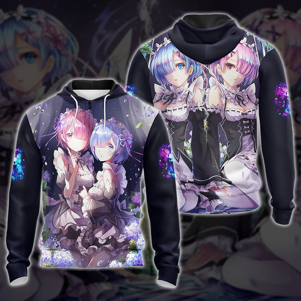 Rem & Ram Re:Zero All Over Print T-shirt Tank Top Zip Hoodie Pullover Hoodie Zip Hoodie S