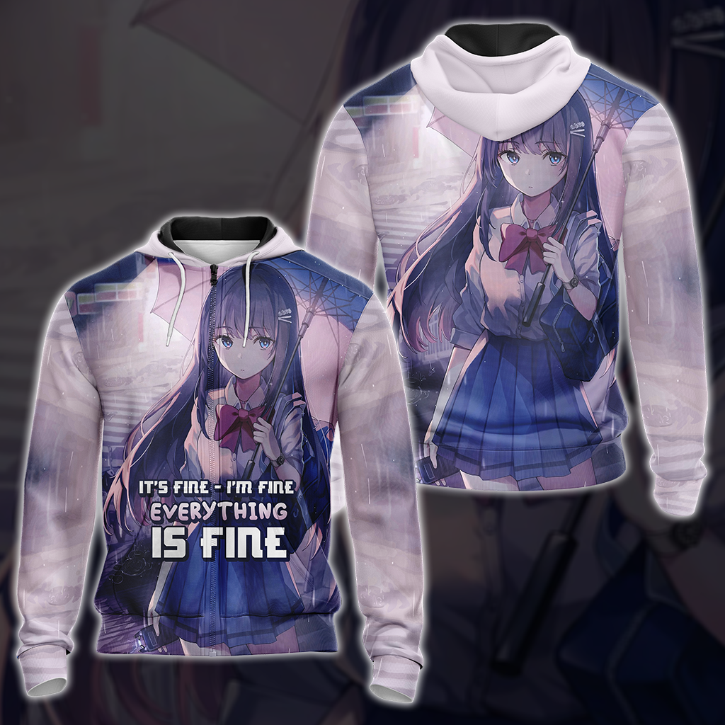 It's fine - I'm fine - Everything is fine Anime Girl All Over Print T-shirt Tank Top Zip Hoodie Pullover Hoodie Zip Hoodie S