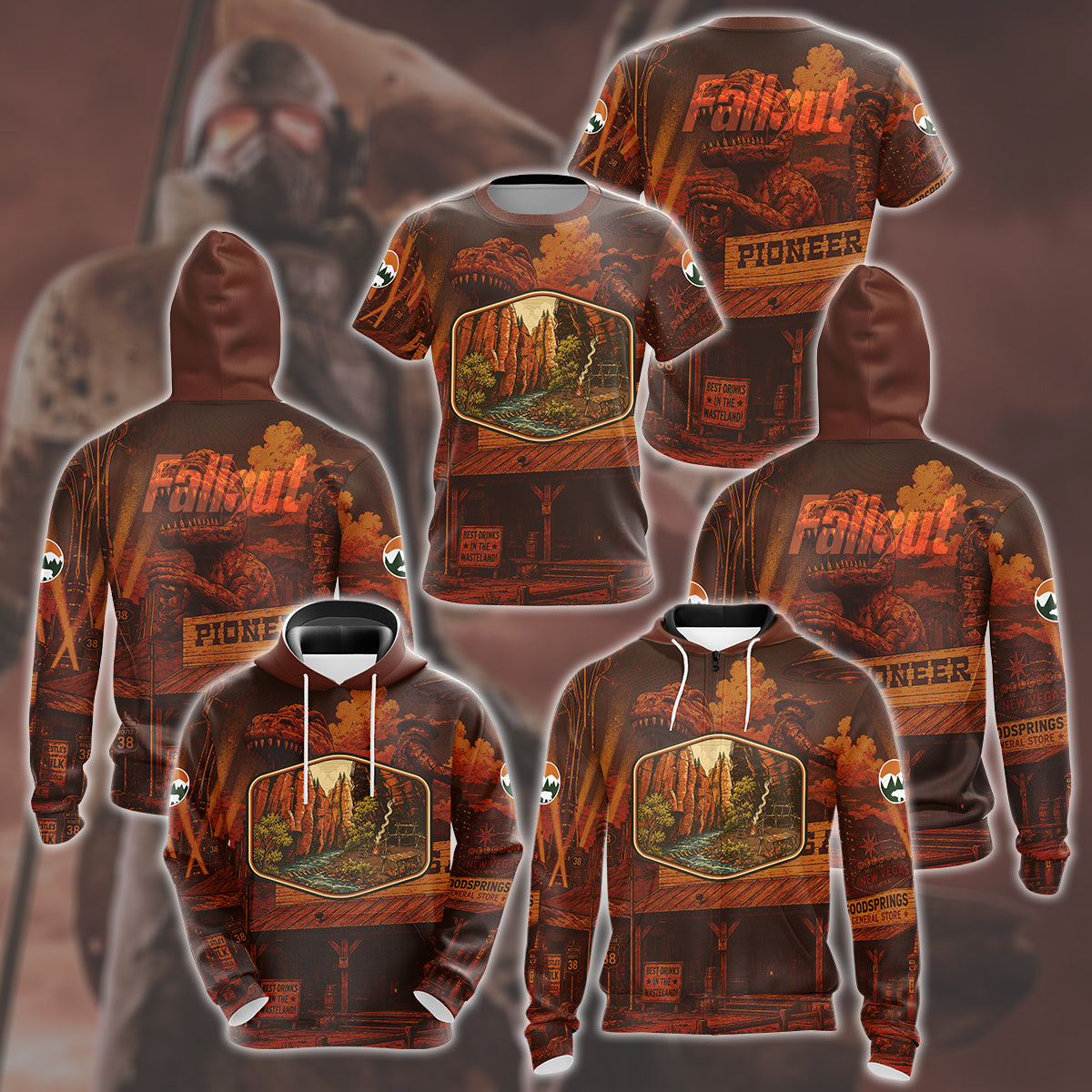Fallout: New Vegas Vintage National Park Style Video Game All Over Printed T-shirt Tank Top Zip Hoodie Pullover Hoodie Hawaiian Shirt Beach Shorts Joggers