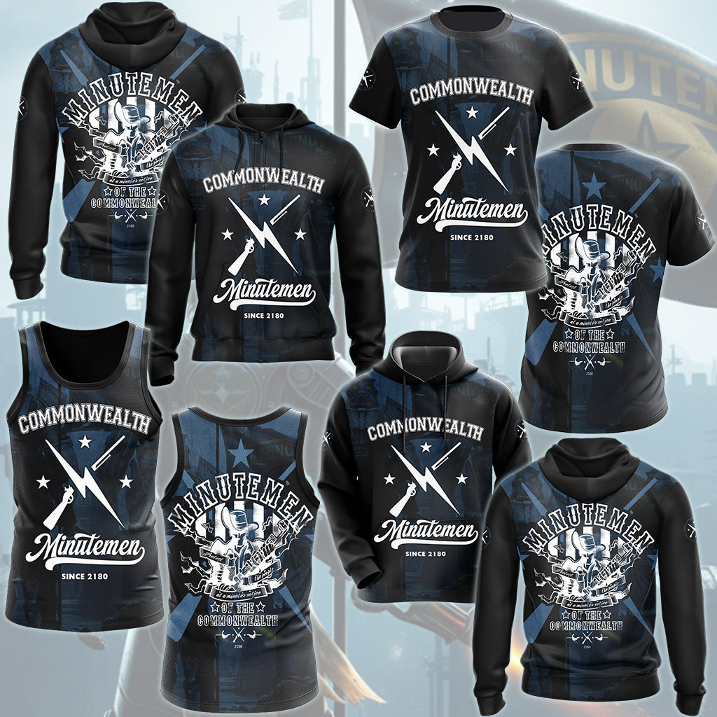Fallout Commonwealth Minutemen Video Game All Over Printed T-shirt Tank Top Zip Hoodie Pullover Hoodie Hawaiian Shirt Beach Shorts Joggers