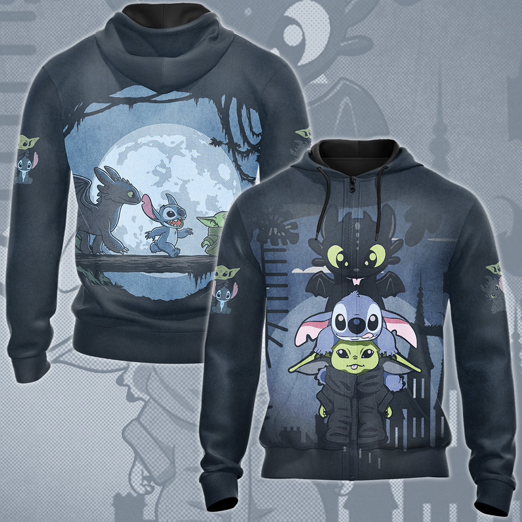 Baby Yoda Stitch & Toothless Movie Video Game All Over Printed T-shirt Tank Top Zip Hoodie Pullover Hoodie Hawaiian Shirt Beach Shorts Joggers Zip Hoodie