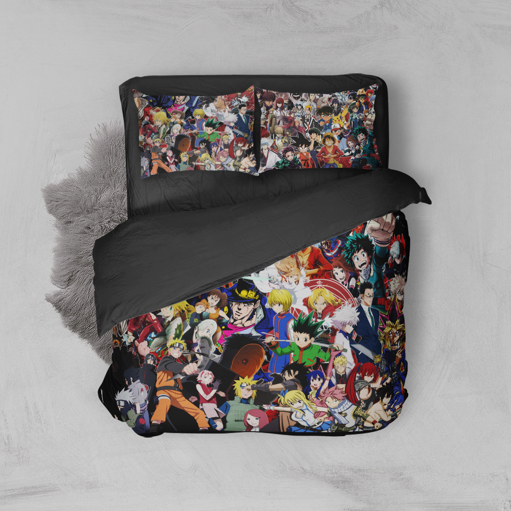 Anime Characters Compilation (Dragon Ball, Naruto, One Piece, Bleach, Yu Gi Oh!, My Hero Academia, Pokemon, The Metal Alchemist, ect.) 3D Bed Set Twin (3PCS)  