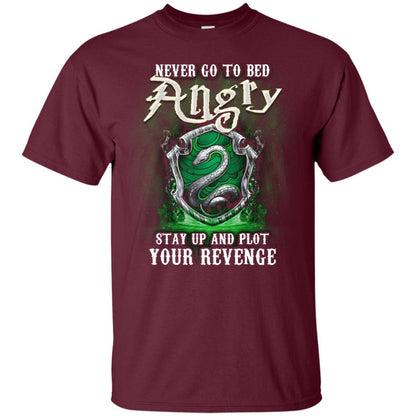 Never Go To Bed Angry Stay Up And Plot Your Revenge Slytherin House Harry Potter Fan Shirt Maroon S 