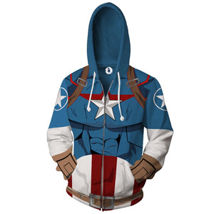 Captain America Cosplay Zip Up Hoodie Jacket   