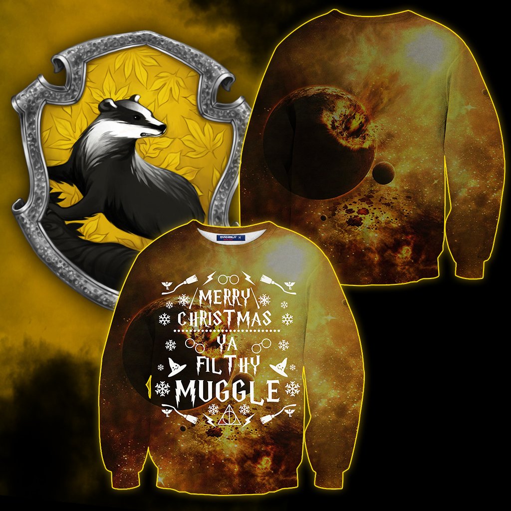 Hufflepuff Merry Christmas Ya Filthy Muggle Harry Potter 3D Sweater S  
