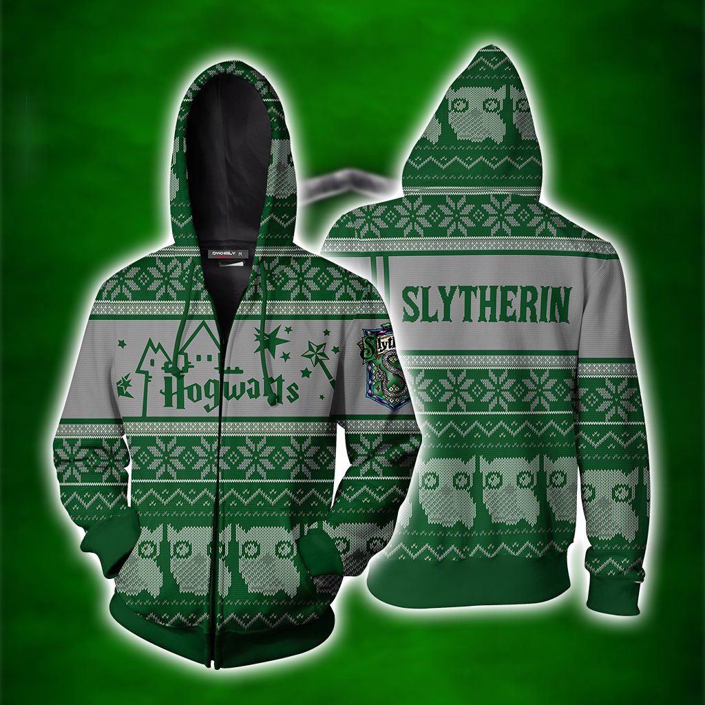 Slytherin Harry Potter Ugly Christmas Zip Up Hoodie S  