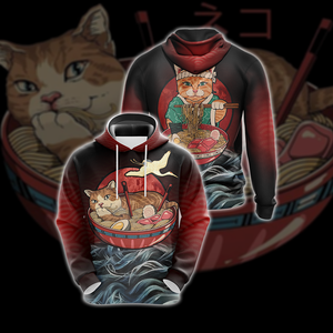 Vintage Cat and Ramen Japanese Style Unisex 3D T-shirt Hoodie S 