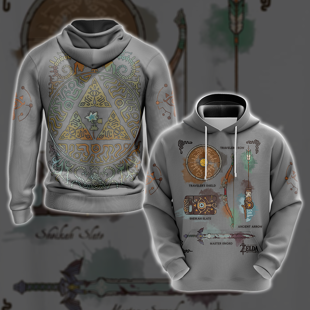 The Legend of Zelda Breath of The Wild Link Inventory Graphic All Over Print T-shirt Zip Hoodie Pullover Hoodie Grey Hoodie S