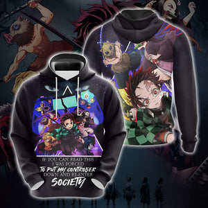 If You Can Read This I Was Forced To Put My Controller Down And Re-Enter Society Demon Slayer Unisex 3D T-shirt Zip Hoodie Pullover Hoodie Hoodie S 