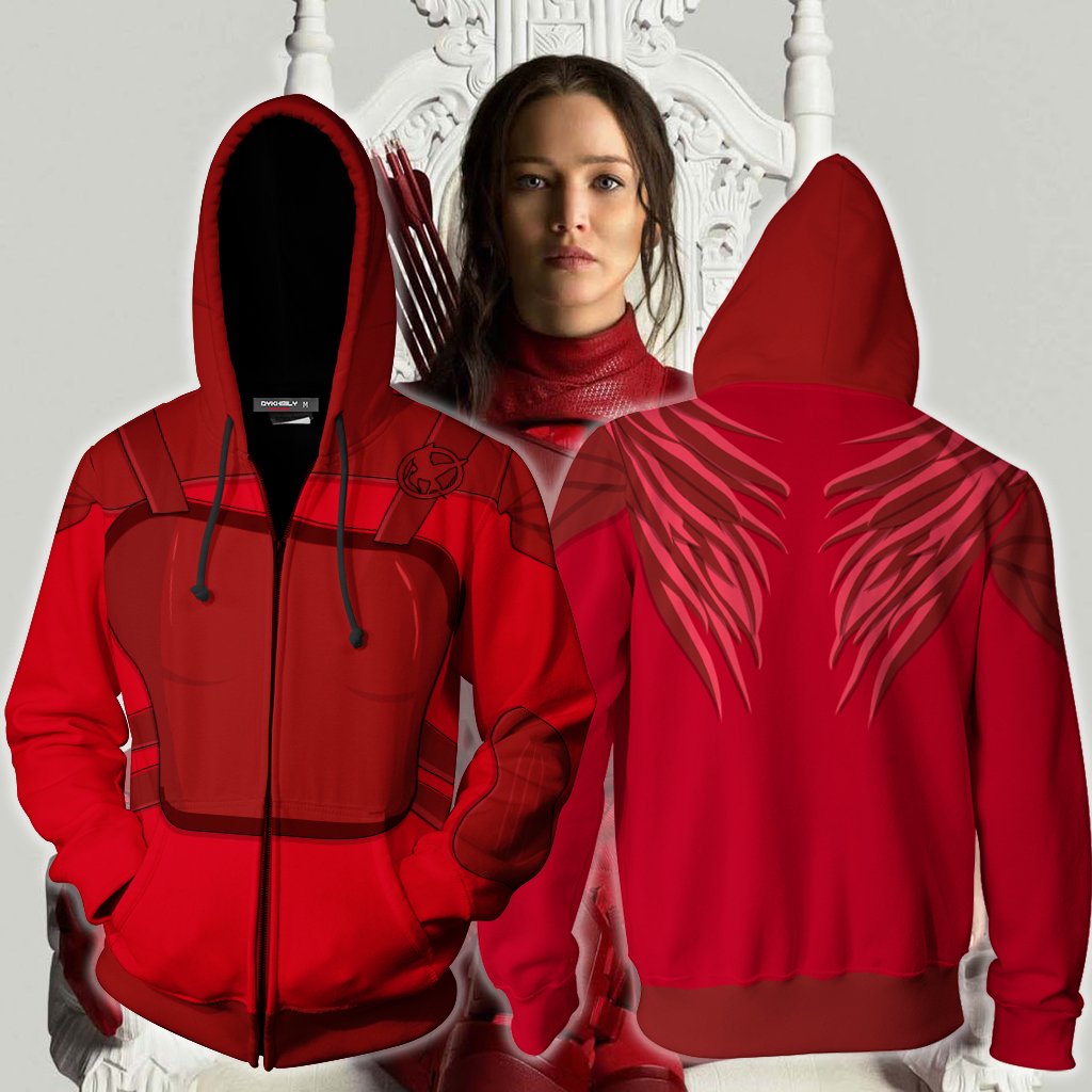 The Hunger Games: Mockingjay Katniss Everdeen (Red) Cosplay Zip Up Hoodie Jacket XS  
