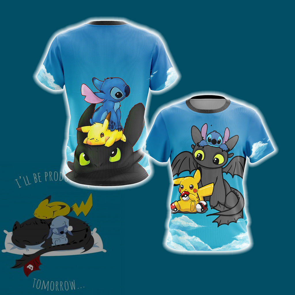 Stitch - Pokemon - How to train your dragon Unisex 3D T-shirt US/EU S (ASIAN L)  