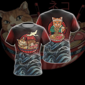 Vintage Cat and Ramen Japanese Style Unisex 3D T-shirt   