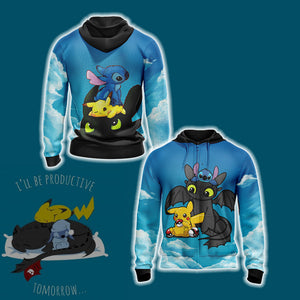 Stitch - Pokemon - How to train your dragon Unisex 3D T-shirt Zip Hoodie XS 