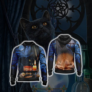 Witching Hour Black Cat Halloween Unisex 3D T-shirt Zip Hoodie XS 