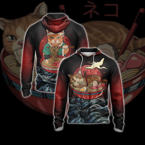 Vintage Cat and Ramen Japanese Style Unisex 3D T-shirt Zip Hoodie XS 